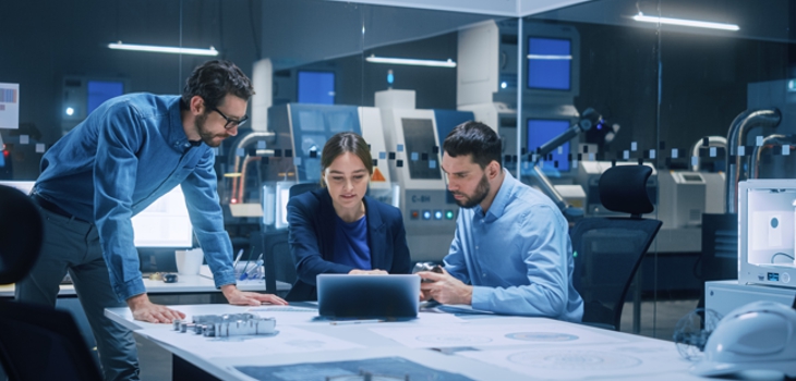 Drei Personen sitzen um einen Laptop und besprechen eine Analyse (c) Shutterstock Gorodenkoff